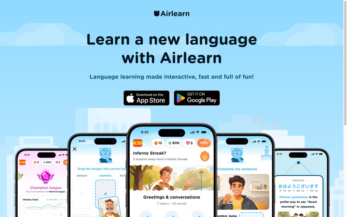 Airlearn's homepage showing phone screens of its lesson and league UI