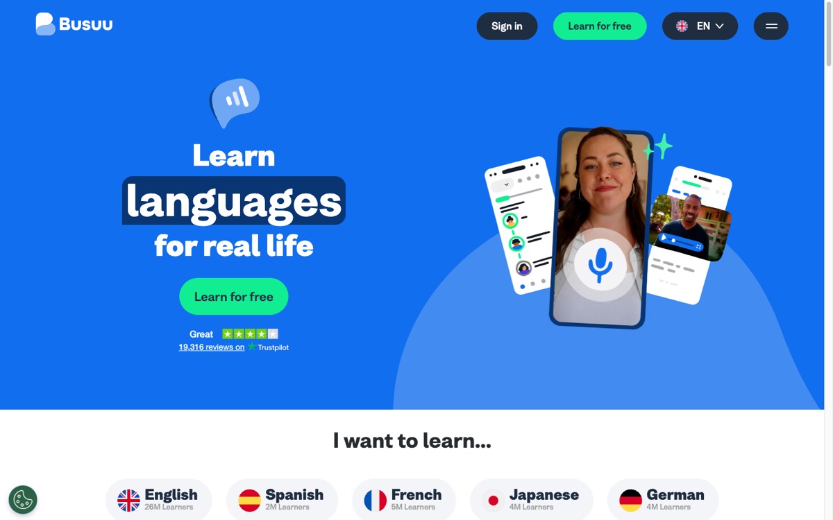 Busuu's homepage with the tagline 'Learn languages for real life'