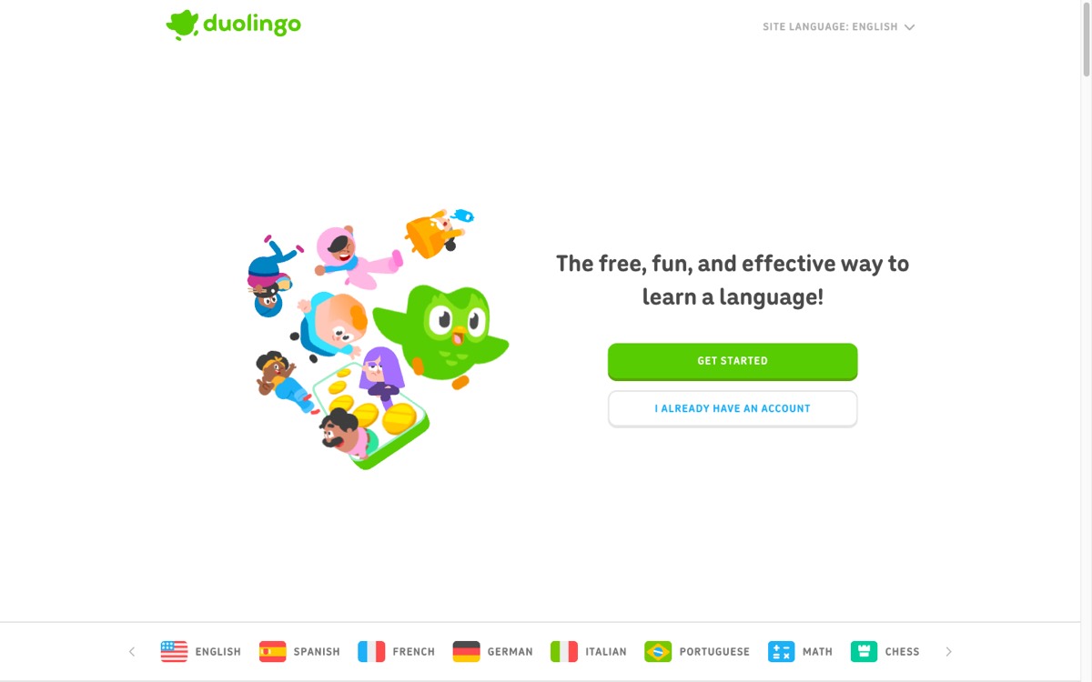 Duolingo's homepage with the owl mascot and its language course list