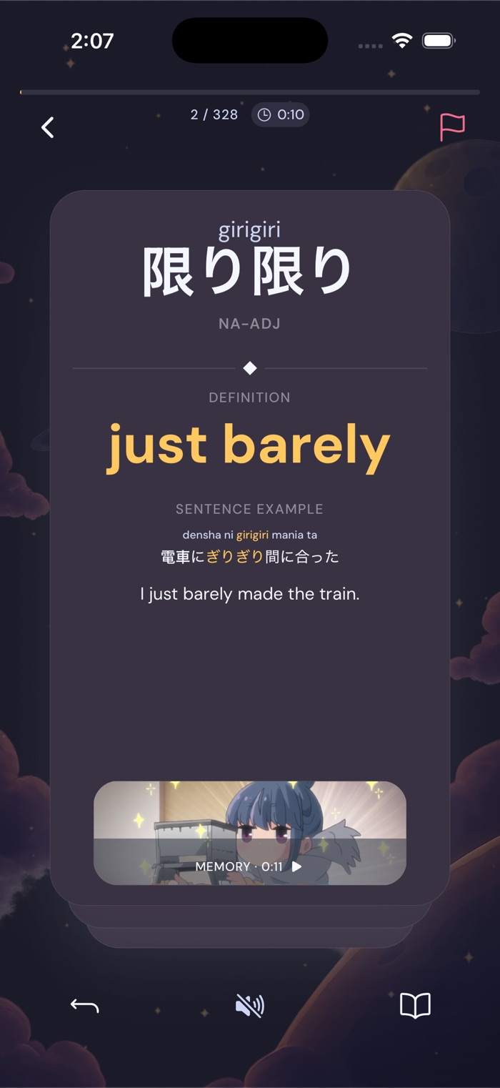 The back of a Gravity flashcard for ぎりぎり with the video moment it was saved from attached