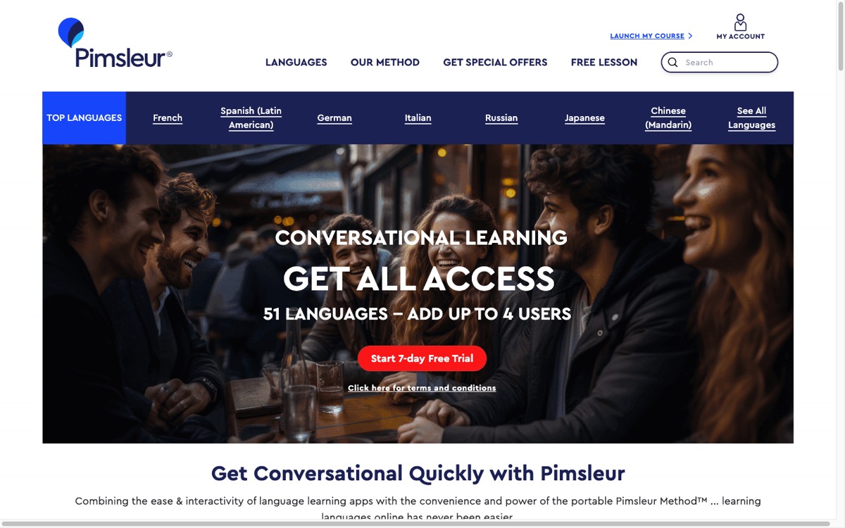 Pimsleur's homepage advertising its all-access audio subscription