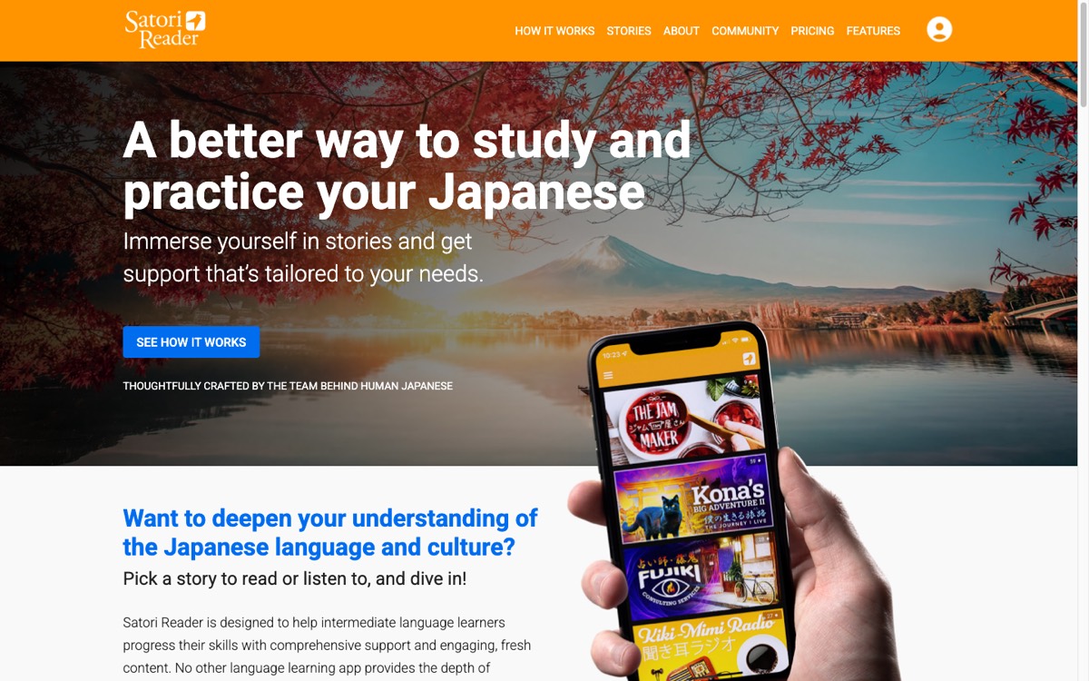 Satori Reader's homepage showing its graded reader library