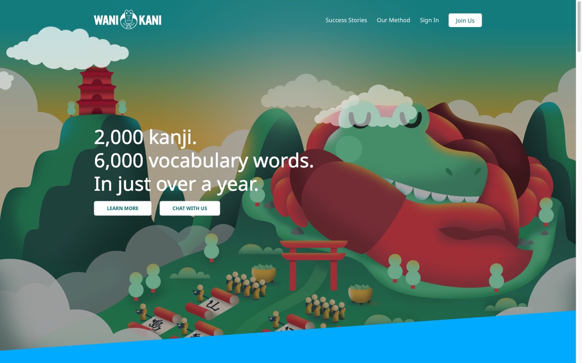 WaniKani's homepage promising 2,000 kanji and 6,000 vocabulary words